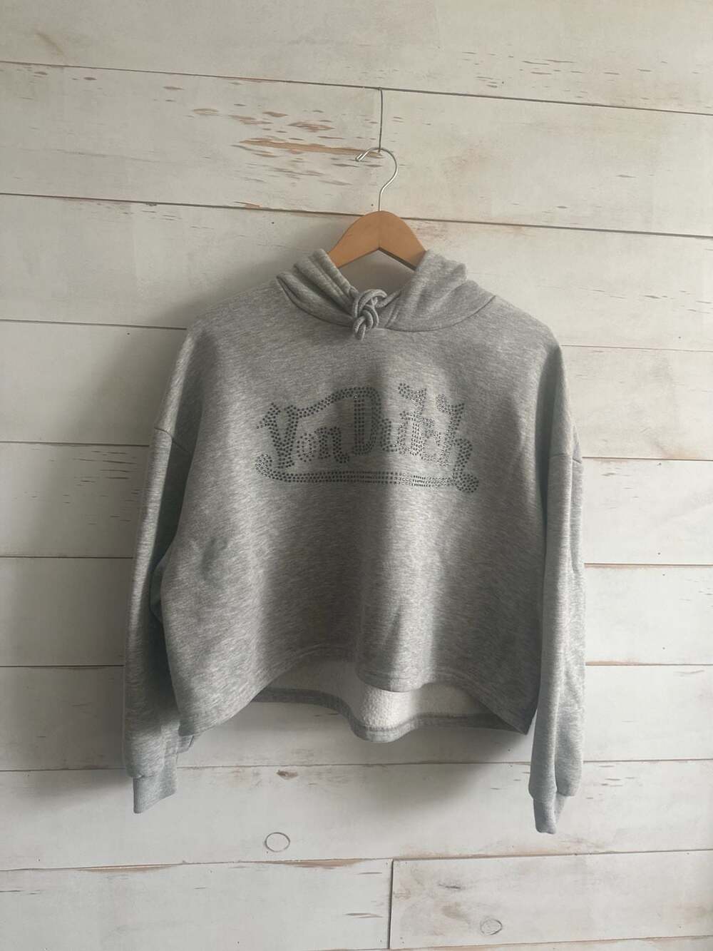 Von Dutch Grey Rhinestone Logo Cropped Hoodie - Picture 2 of 7